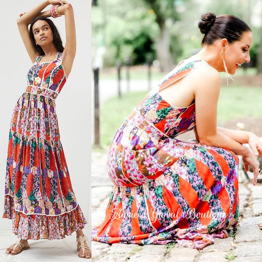 RARE NWT ANTHROPOLOGIE BHANUNI By JYOTI Square Neck Bohemian Maxi Dress. - Picture 11 of 16